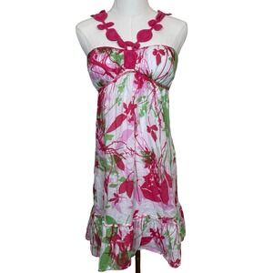 Vintage Sophie Max Crochet Strap Babydoll Floral Sun Dress S Green Pink Y2K Boho